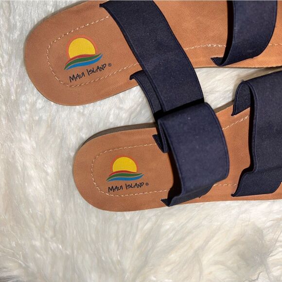 Maui Island Navy Blue 3 Strap Banded Sandals Flat Comfortable Summer Spring - Picture 5 of 7